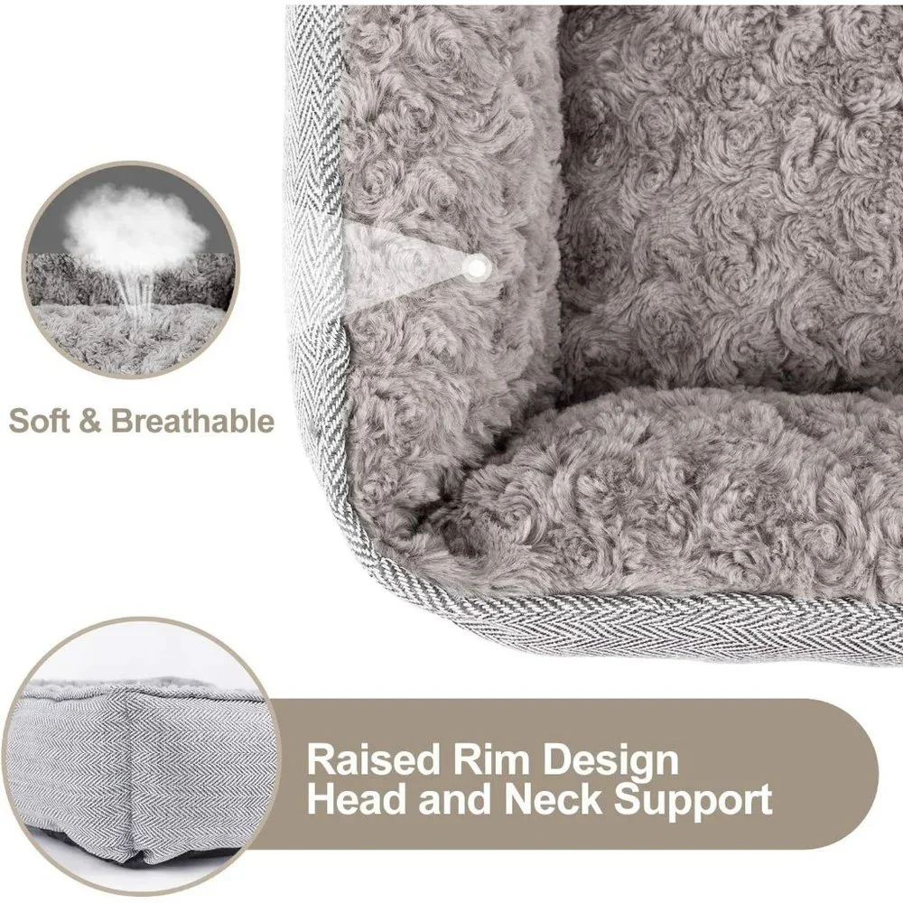 Dog 30'' Grey Wood Linen Soft Washable Rectangle Anti-Slip Bottom Sleeping Bed